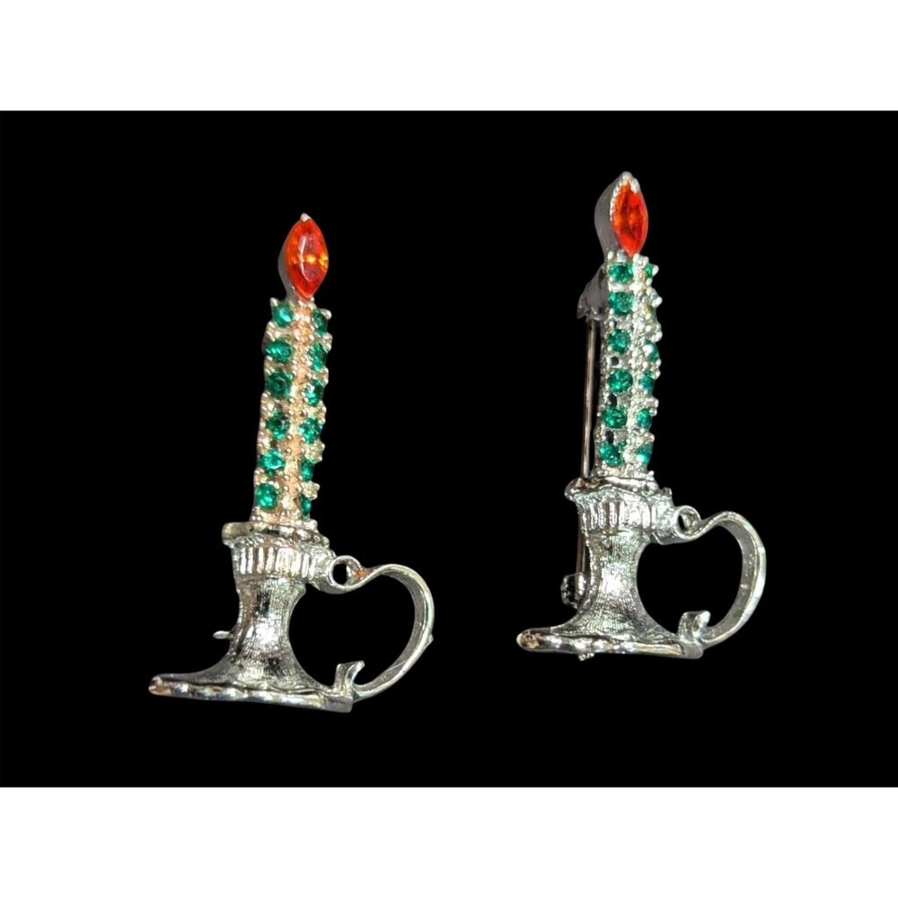 Silver Rhinestone Candlestick Brooch Set Red Flame Green Accents 2 Inches Vintag